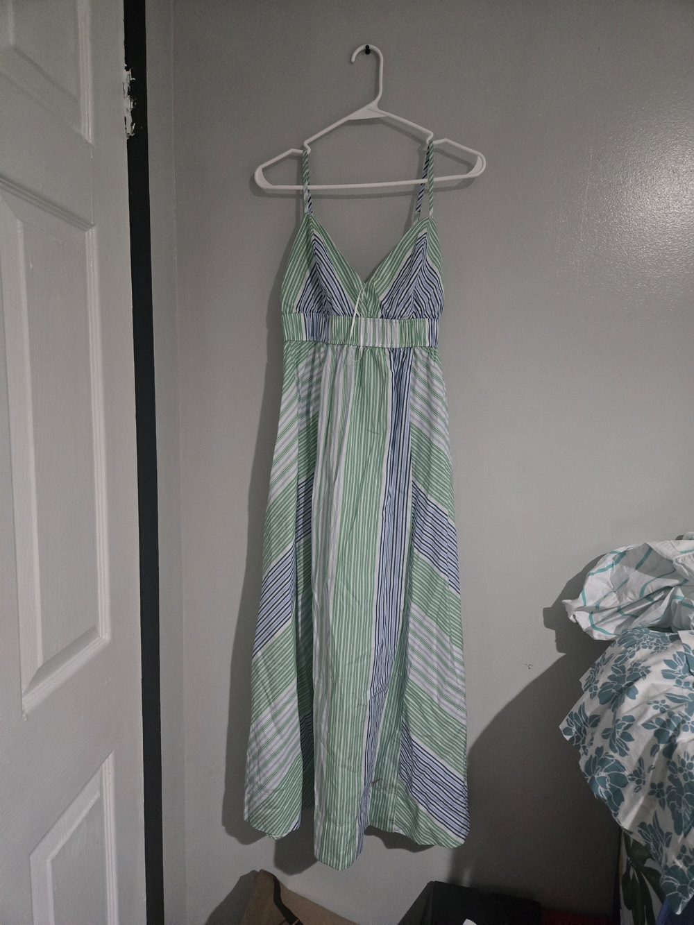 Striped V-Neck High-Low Maxi Dress in Green & Blue